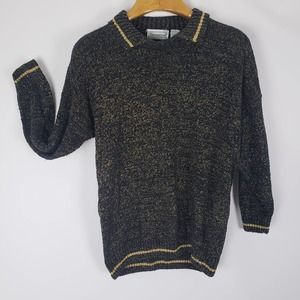 Vtg Black Gold Shimmery Knit Striped Silk Sweater